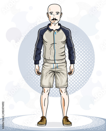 Handsome hairless young man posing. Vector illustration of sportsman with mustaches. Work out and training theme.