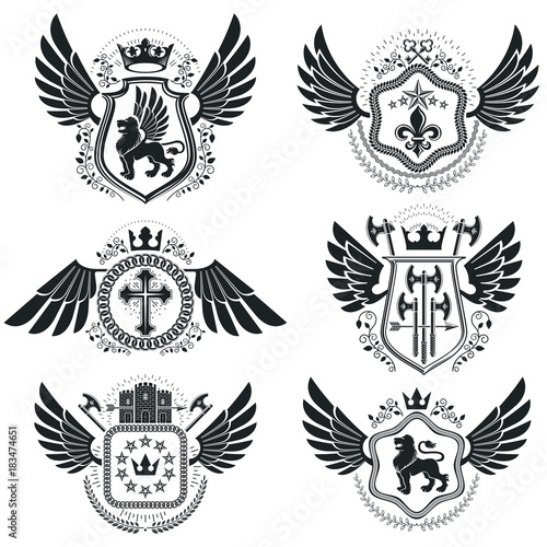 Heraldic signs vector vintage elements. Collection of symbols in vintage style.