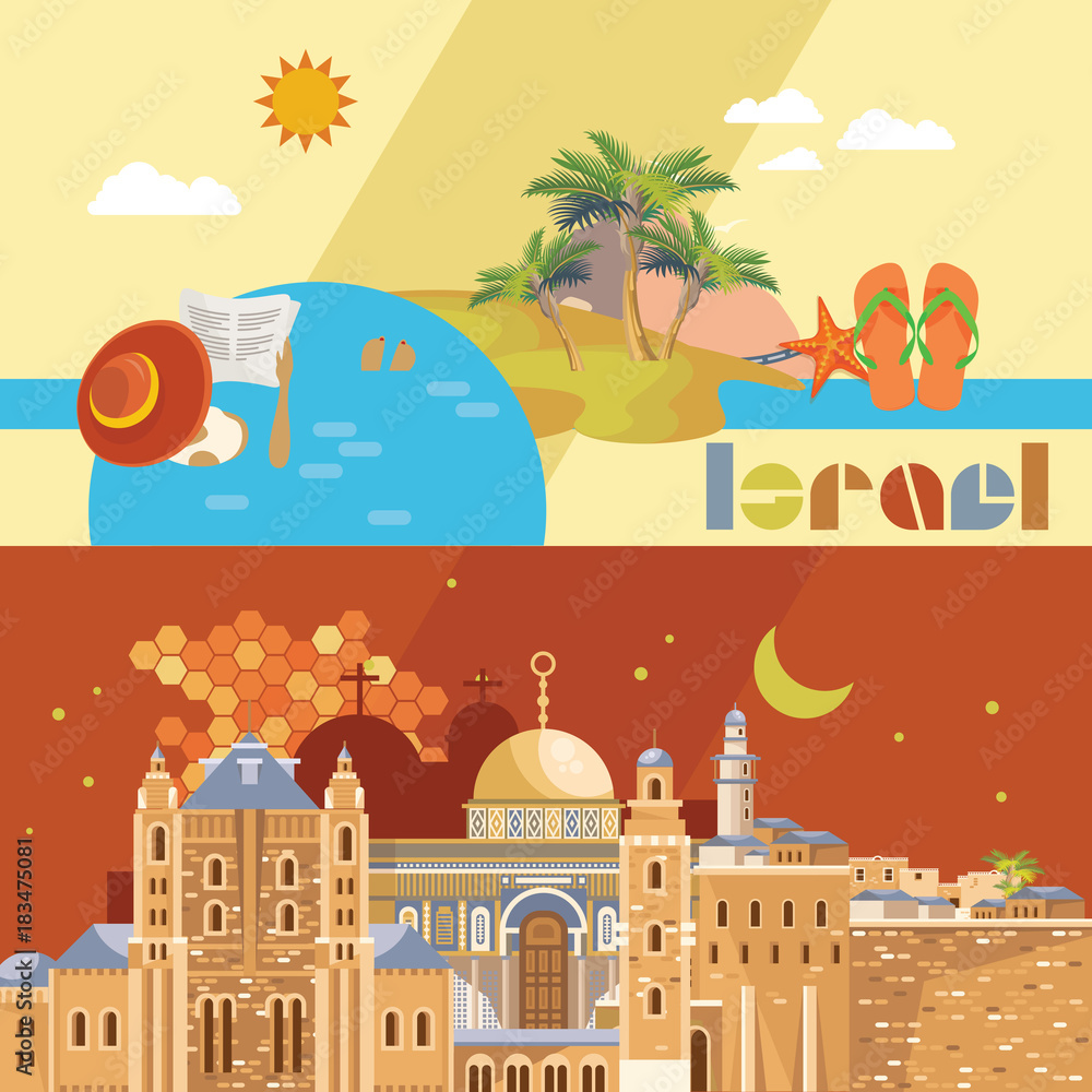 Israel vector banner with jewish landmarks. Travel poster in flat design