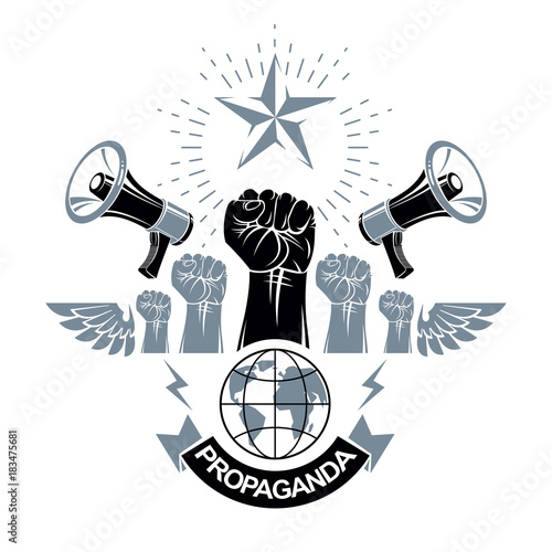 Marketing banner composed with loudspeakers, raised clenched fists and Earth planet, vector illustration. Propaganda as the means of influence on global public opinion.