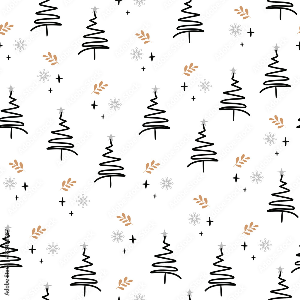 Seamless Christmas pattern. New Year`s vector background. Nice illustrations for greeting cards, banners, wallpapers, kraft paper, textiles. Children's texture for decoration for the holiday, party.