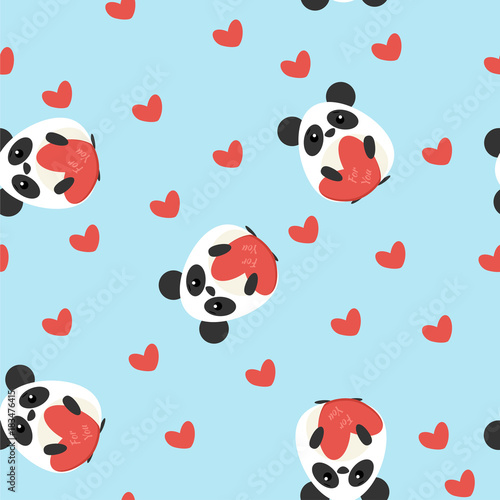 Fototapeta Naklejka Na Ścianę i Meble -  Funny seamless pattern with cute pandas and heart shapes. Flat design illustration