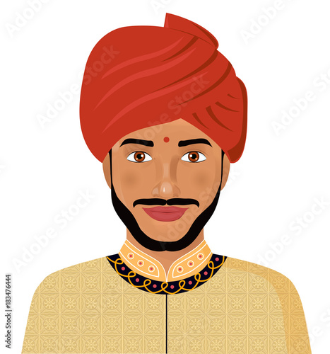 Indian man in the traditional clothing isolated on white in the east dress vector illustration.