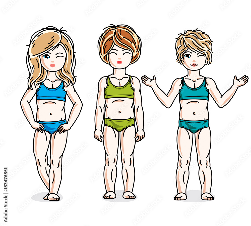 Cute happy little girls posing in colorful bikini. Vector kids illustrations set. Cute happy little girls posing in colorful bikini. Vector kids illustrations set.