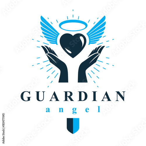 Loving heart in human hands, giving aid metaphor. Holy spirit graphic vector logo best for use in charity organizations.
