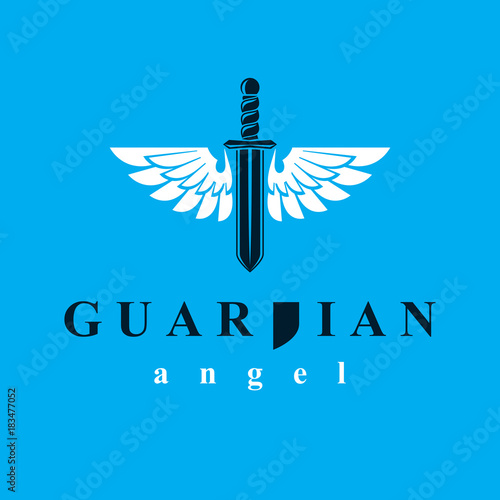 Vector graphic illustration of sword composed with bird wings, war and freedom metaphor symbol. Guardian angel vector abstract emblem.