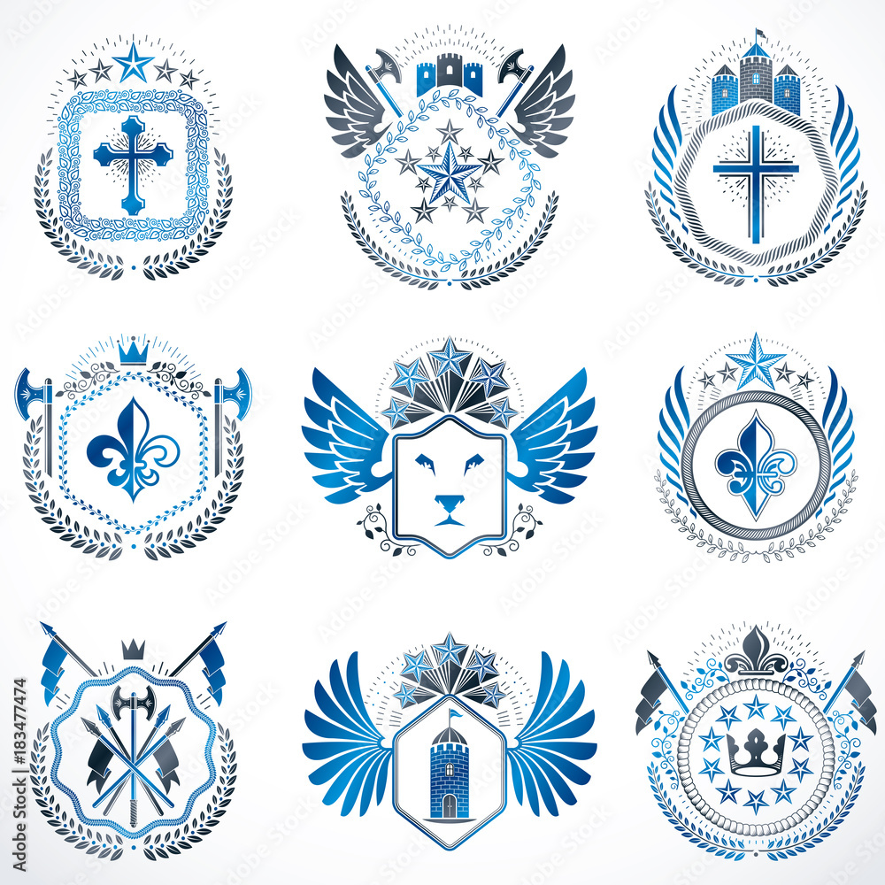 Fototapeta premium Set of vector vintage emblems created with decorative elements like crowns, stars, bird wings, armory and animals. Collection of heraldic coat of arms.