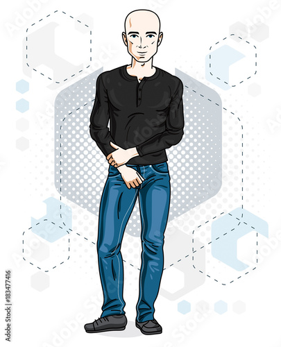 Happy bald young adult man standing. Vector character wearing casual clothes like jeans and shirt.