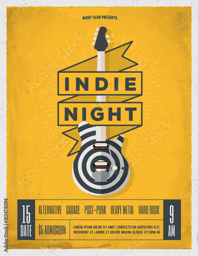 Rock Night Party Poster. Flyer. Vintage Styled Vector Illustration.