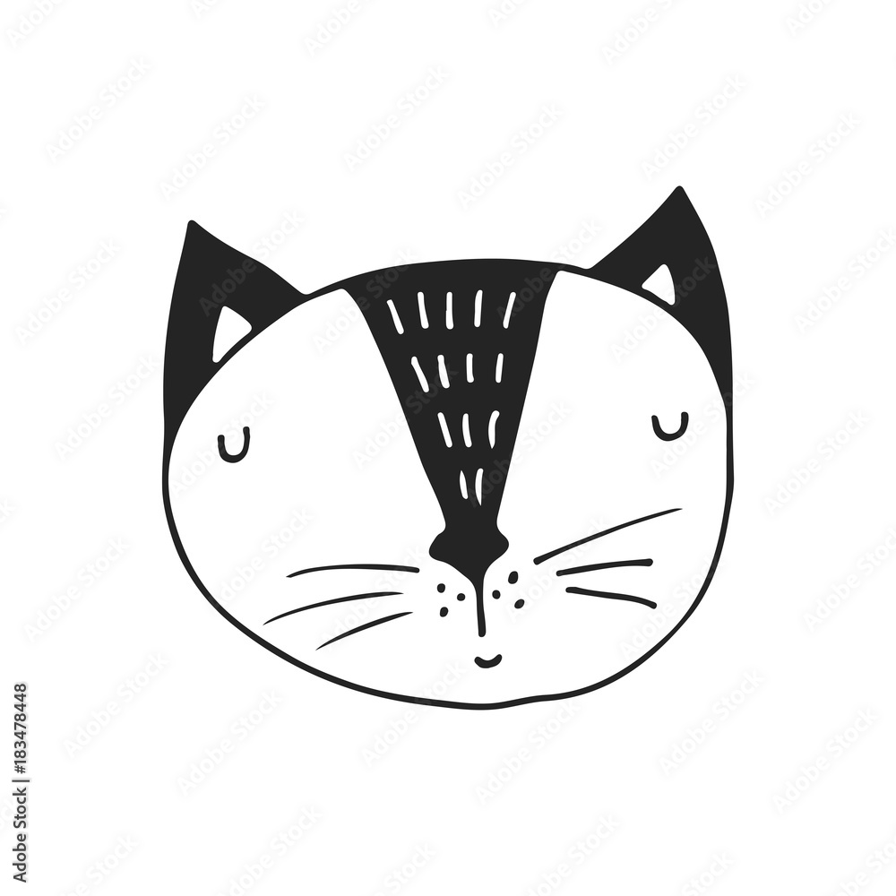 Fototapeta premium Cute hand drawn nursery poster with cat character in scandinavian style. Monochrome vector illustration