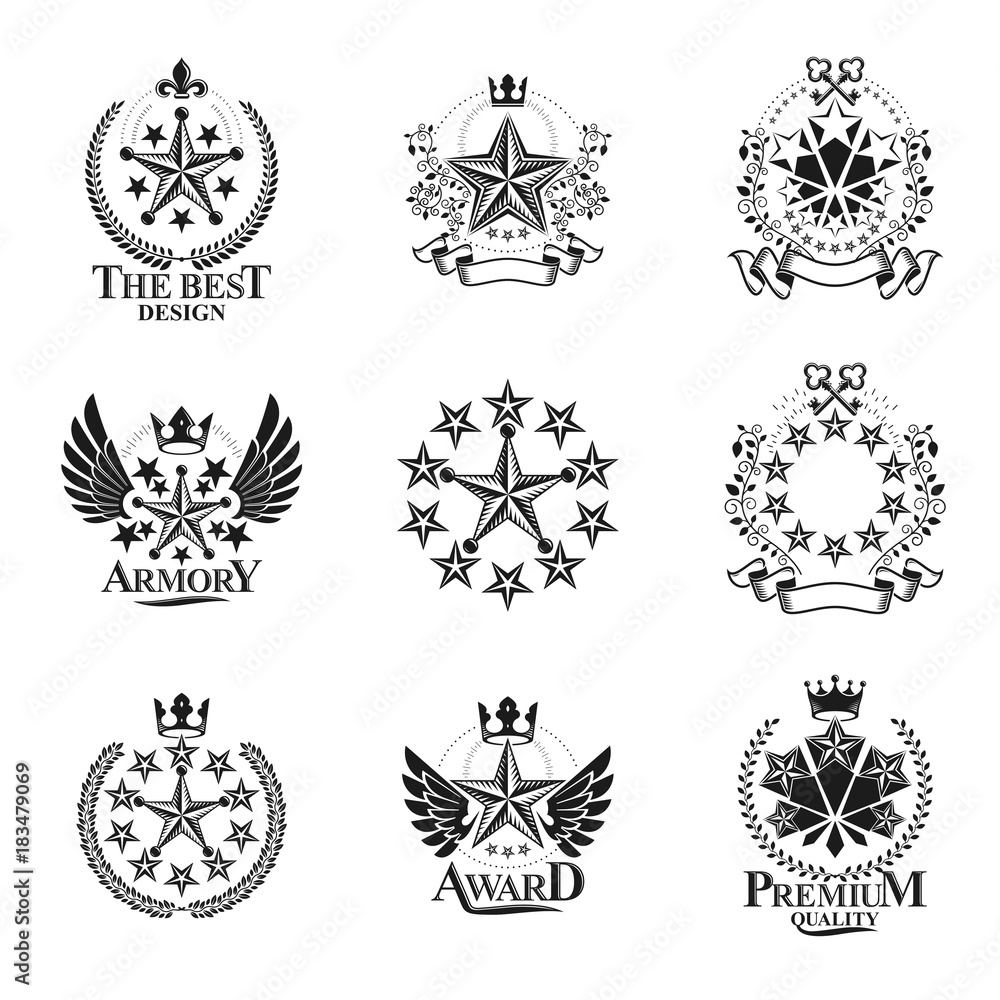 Fototapeta premium Stars emblems set. Heraldic Coat of Arms decorative logos isolated vector illustrations collection.