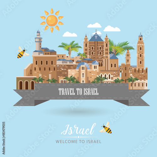 Israel vector banner with jewish landmarks. Travel poster in flat design