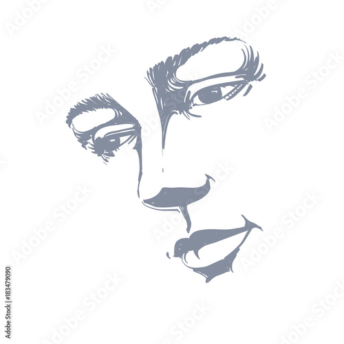 Hand-drawn portrait of white-skin sorrowful woman, sad face emotions theme illustration. Beautiful melancholic lady posing on white background, face features.