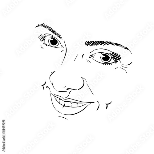 Hand-drawn illustration of woman face, black and white mask with emotions. Features of beautiful girl, posing for portrait. Caucasian type model posing for portrait.