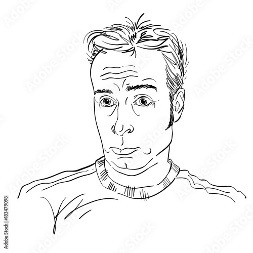 Monochrome vector hand-drawn image, surprised young man. Black and white illustration of shocked guy.