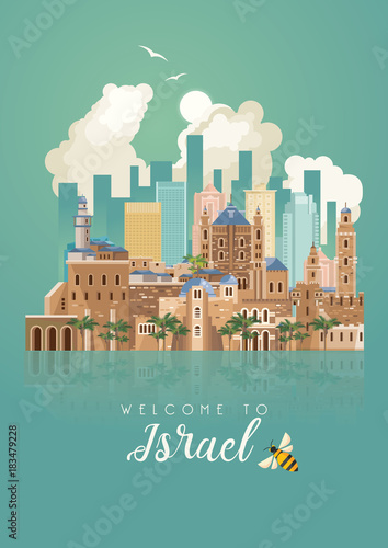 Israel vector banner with jewish landmarks. Travel poster in flat design