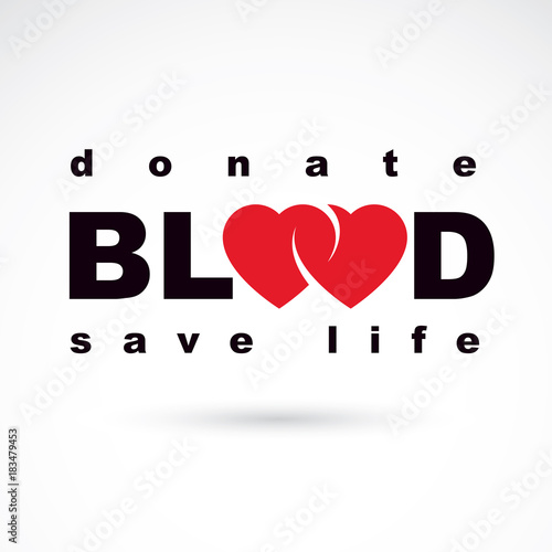 Volunteer donorship, healthcare and medical treatment conceptual logo composed with red heart shape and blood drops.