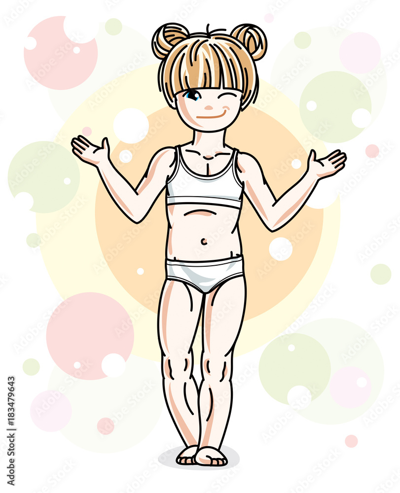 Cute little blonde girl in underwear standing on colorful backdrop with bubbles and circles. Vector human illustration. Cute little blonde girl in underwear standing on colorful backdrop with bubbles and circles. Vector human illustration.