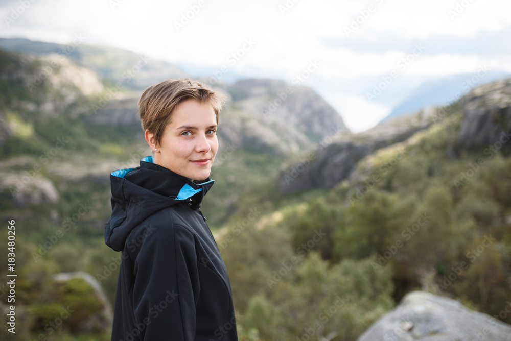 Smiling Woman at Mountains
