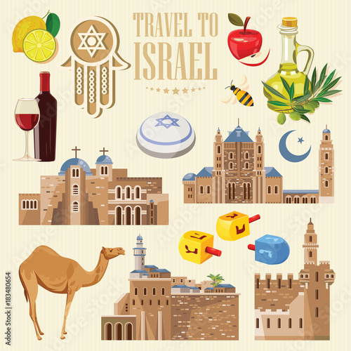 Israel vector banner with jewish landmarks. Travel poster in flat design