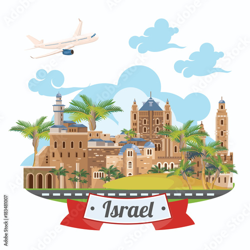 Israel vector banner with jewish landmarks. Travel poster in flat design