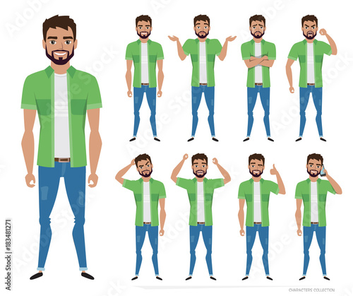 Character men hipster. A collection of several movements and emotions.