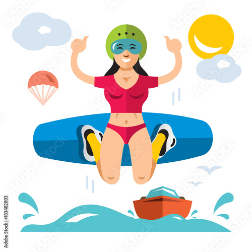 Wakeboarding. Vector Flat style colorful Cartoon illustration.