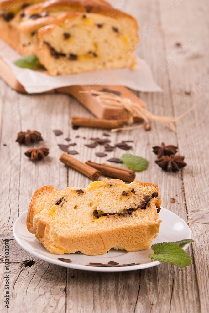Brioche with chocolate chips. Brioche with chocolate chips.