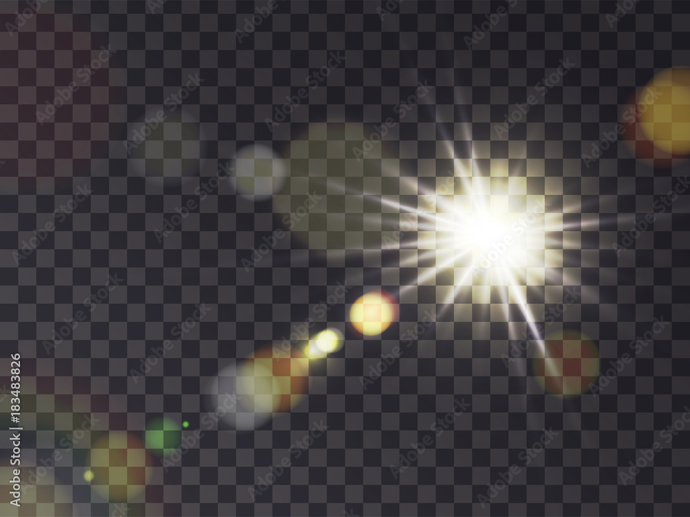 Obraz premium Jasne słońce świecące z efekt świetlny, słońce z flary, realistyczne ilustracji wektorowych na przezroczystym tle. Słoneczny biały błysk ze złotymi promieniami, element projektu