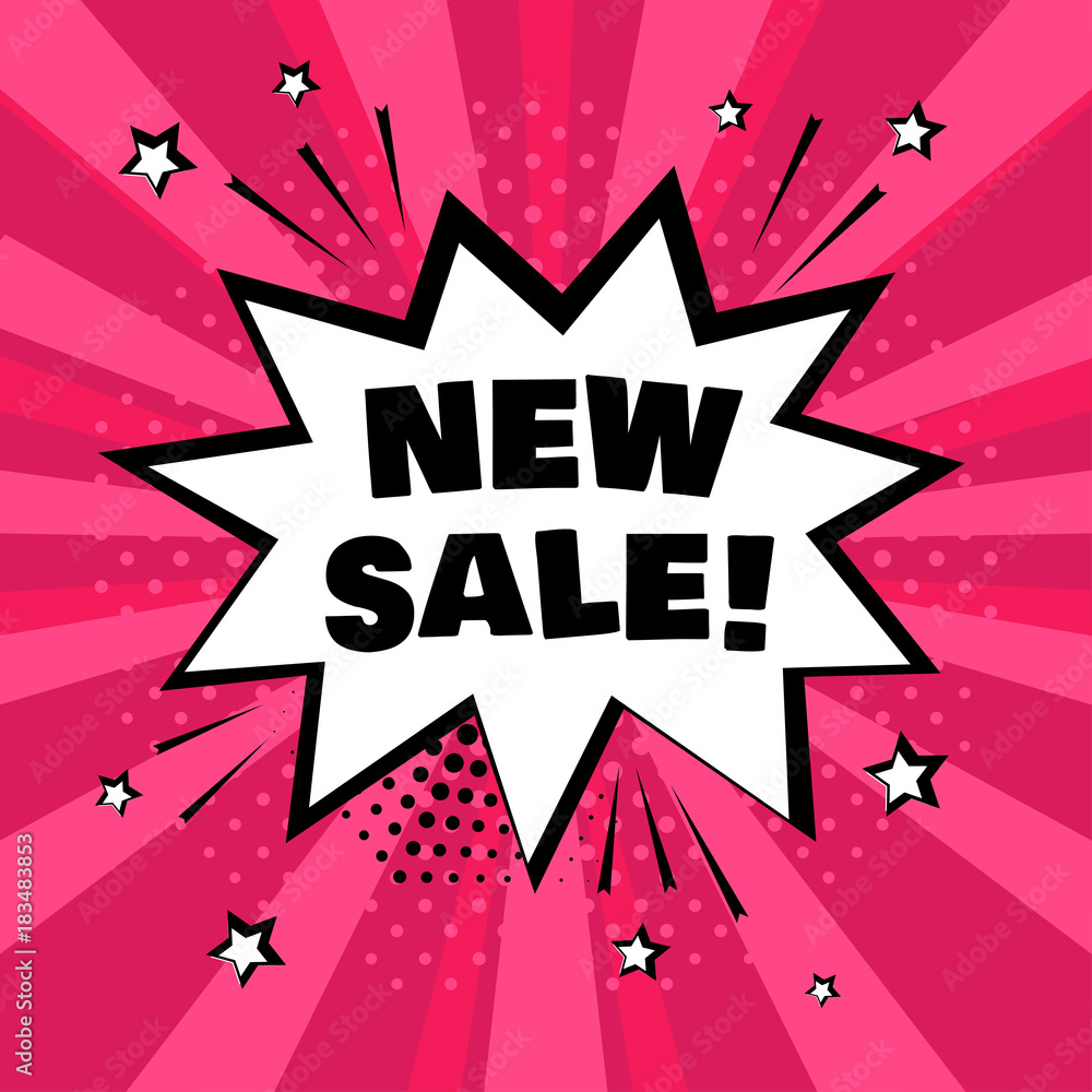 White comic bubble with NEW SALE word on pink background. Comic sound effects in pop art style. Vector illustration. White comic bubble with NEW SALE word on pink background. Comic sound effects in pop art style. Vector illustration.