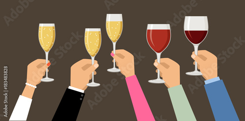 Hands holding champagne and wine glasses,  celebrating