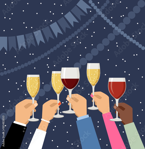Hands holding champagne and wine glasses, celebrating