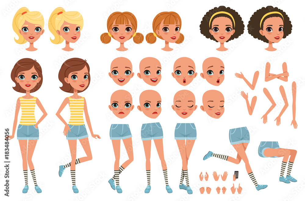 Cirl character creation set, cute girl constructor with different poses, gestures, faces, hairstyles, vector Illustrations Cirl character creation set, cute girl constructor with different poses, gestures, faces, hairstyles, vector Illustrations