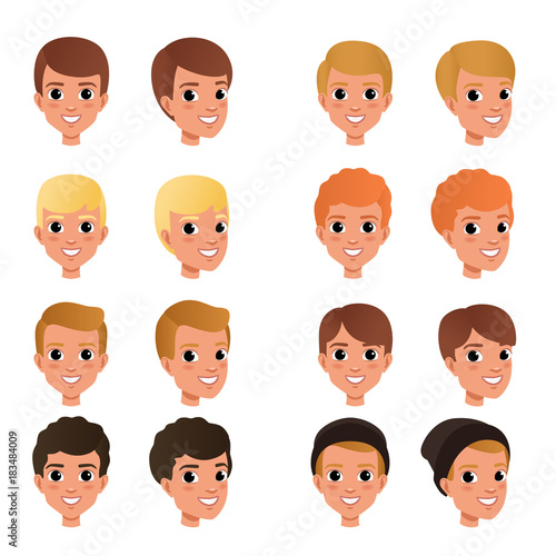 Cartoon collection of variety of boy s hair styles and colors. Kid with smiling face expression. Human head icons. Flat vector design for game avatar