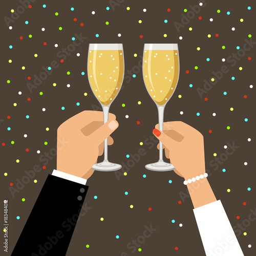 Hands holding champagne and wine glasses,  celebrating