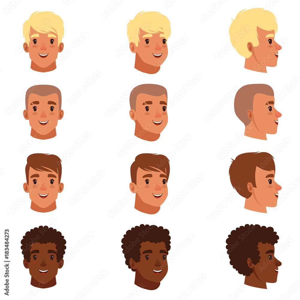 Illustration of men head avatars set with different haircuts. Classical trendy hairstyle, curly hair, bald. Flat design icons Illustration of men head avatars set with different haircuts. Classical trendy hairstyle, curly hair, bald. Flat design icons