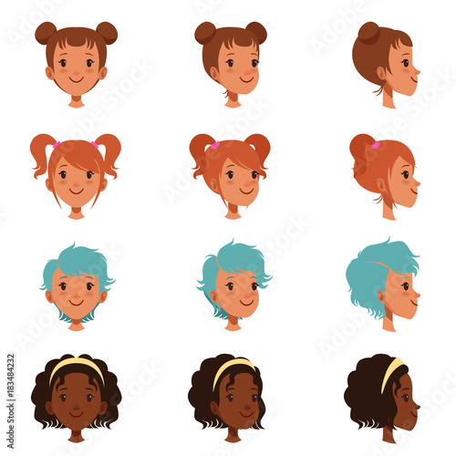 Avatars of female faces with different haircuts and hairstyles. Front and side view. Isolated flat vector illustration