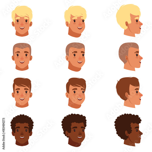 Illustration of men head avatars set with different haircuts. Classical trendy hairstyle, curly hair, bald. Flat design icons