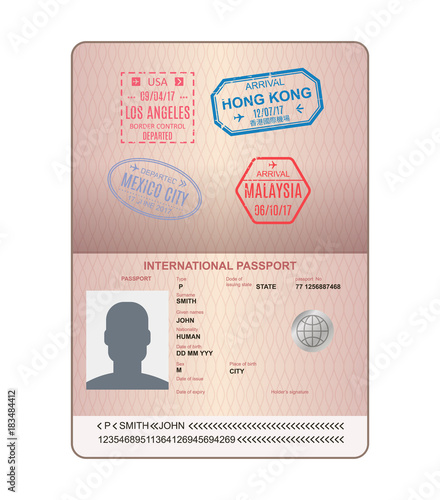 Template of an open passport with stamps, seals. Travel, immigration.