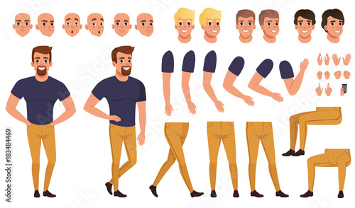 Handsome man creation set with various views, poses, face emotions, haircuts and hands gestures. Cartoon male character constructor. Isolated flat vector photo