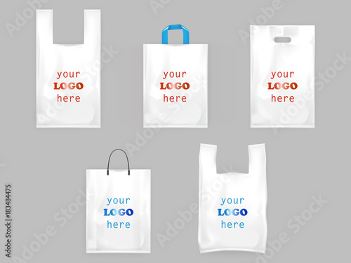 White plastic shopping bags, disposable T-shirt bag packaging, set vector realistic illustrations isolated on gray background. Mock up, template ready for brand design