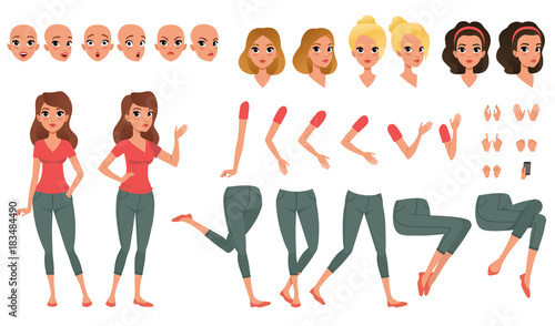 Pretty young woman constructor in flat style. Parts of body legs and arms , face emotions, haircuts and hands gestures. Vector cartoon girl character photo