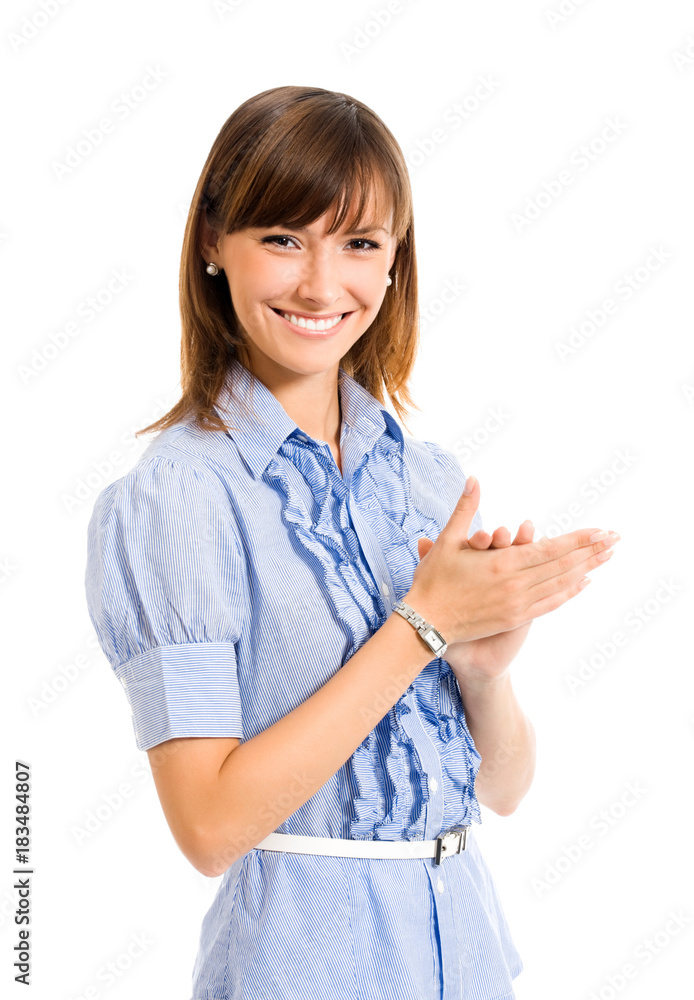 Portrait of young happy clapping business woman, isolated on white background Portrait of young happy clapping business woman, isolated on white background
