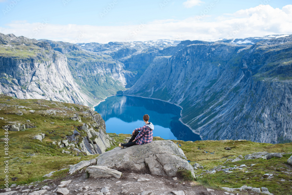 Girl Enjoying View on Norway Mountain Lake