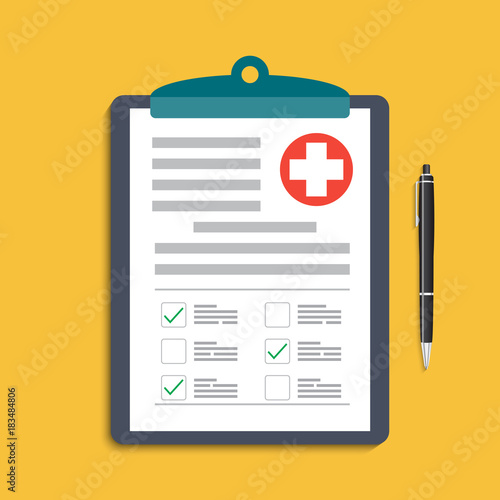 Clipboard with medical cross and pen. Clinical record, prescription, claim, medical check marks report, health insurance concepts. Premium quality. Modern flat design graphic elements. 