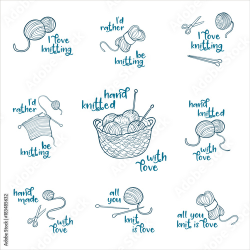 Collection of 9 monochrome labels with knitting related quotes: I love knitting, all you knit is love, I'd rather be knitting