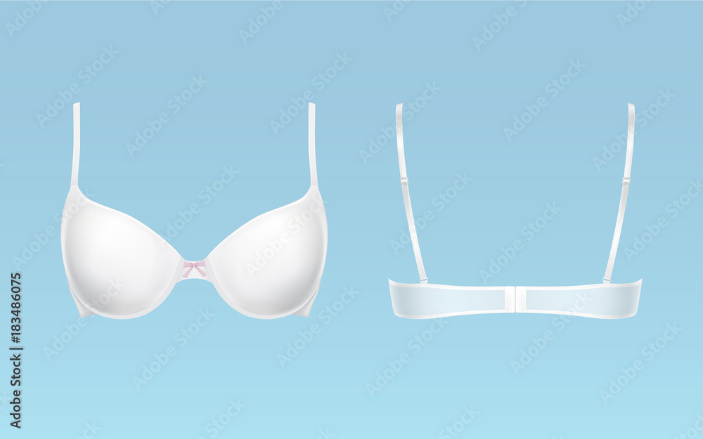 White bra, female lingerie, realistic vector illustration isolated on blue background, front back view. Element of womens underwear, modern female bra with adjustable straps