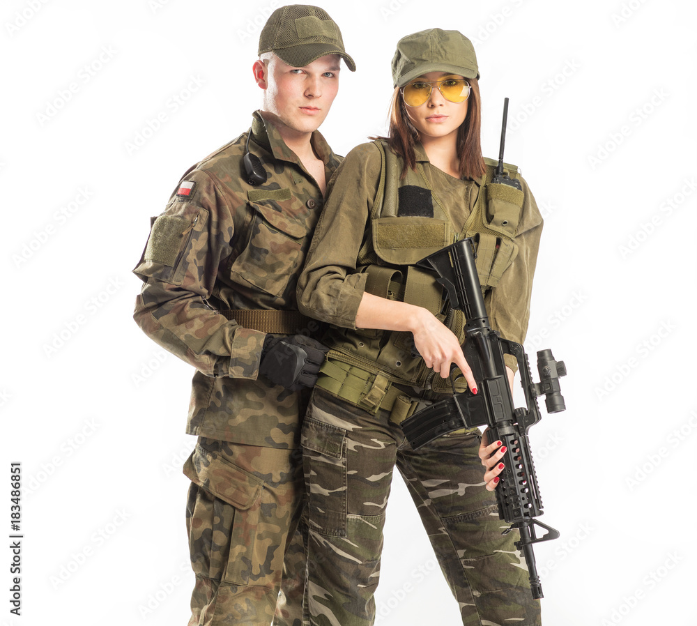 Man and woman in solider's suit on white background. Man and woman in solider's suit on white background.