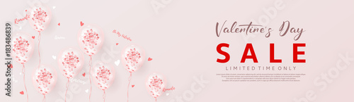 Promo Web Banner for Valentine's Day Sale. Beautiful Background with Realistic Transparent Pink Air Balloons with Confetti. Vector Illustration. Seasonal Offer.