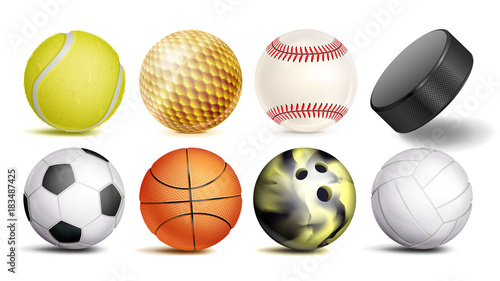 Sport Balls Vector. Set Of Soccer  Basketball  Bowling  Tennis  Golf  Volleyball  Baseball Balls. Hockey Puck. Isolated Illustration